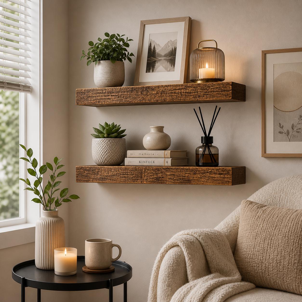 2Pcs Rustic Wood Floating Shel - Home Bathroom Shelf ulasan dan harga